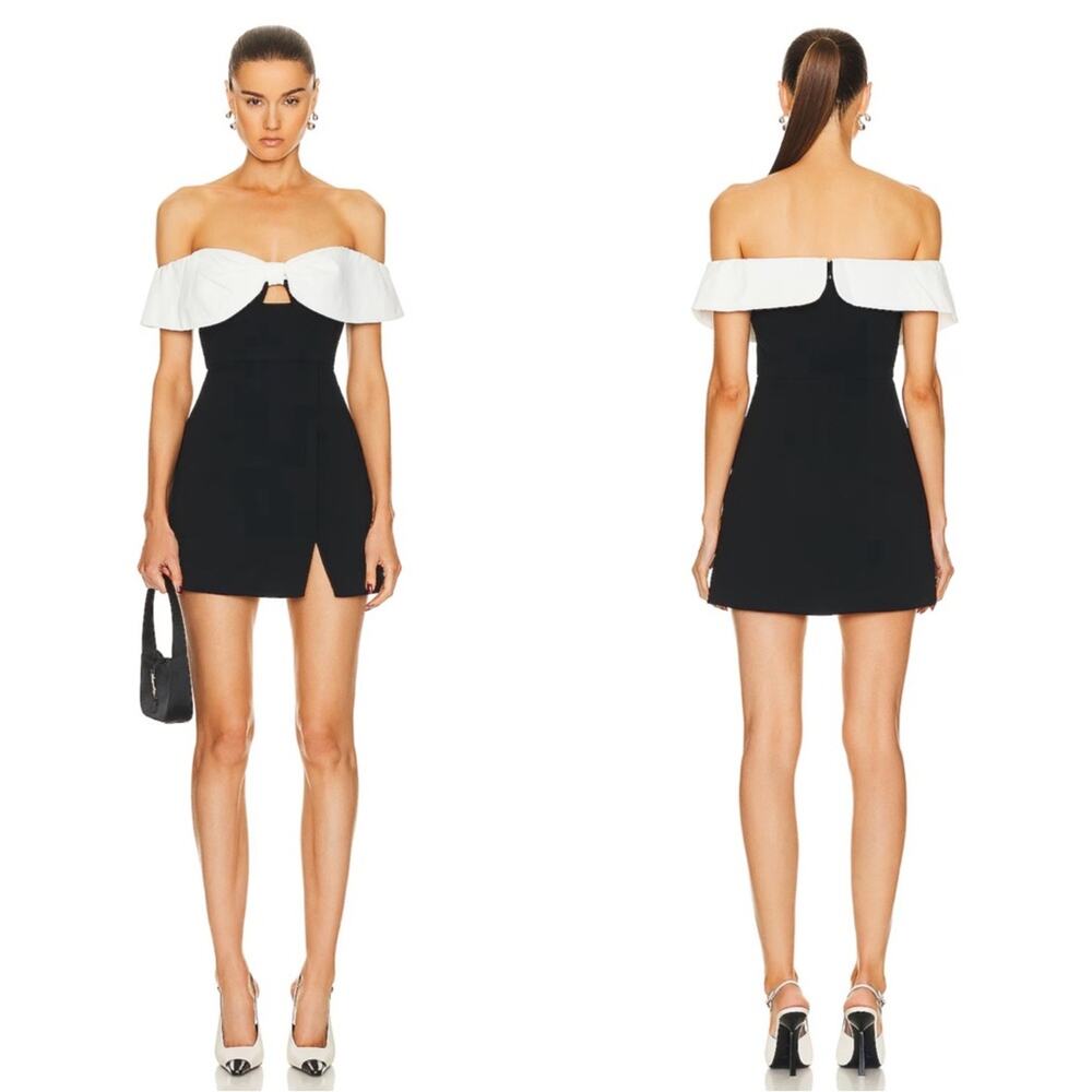 SELF-PORTRAIT Crepe Bow Off the Shoulder Mini Dress Black and White Size 2